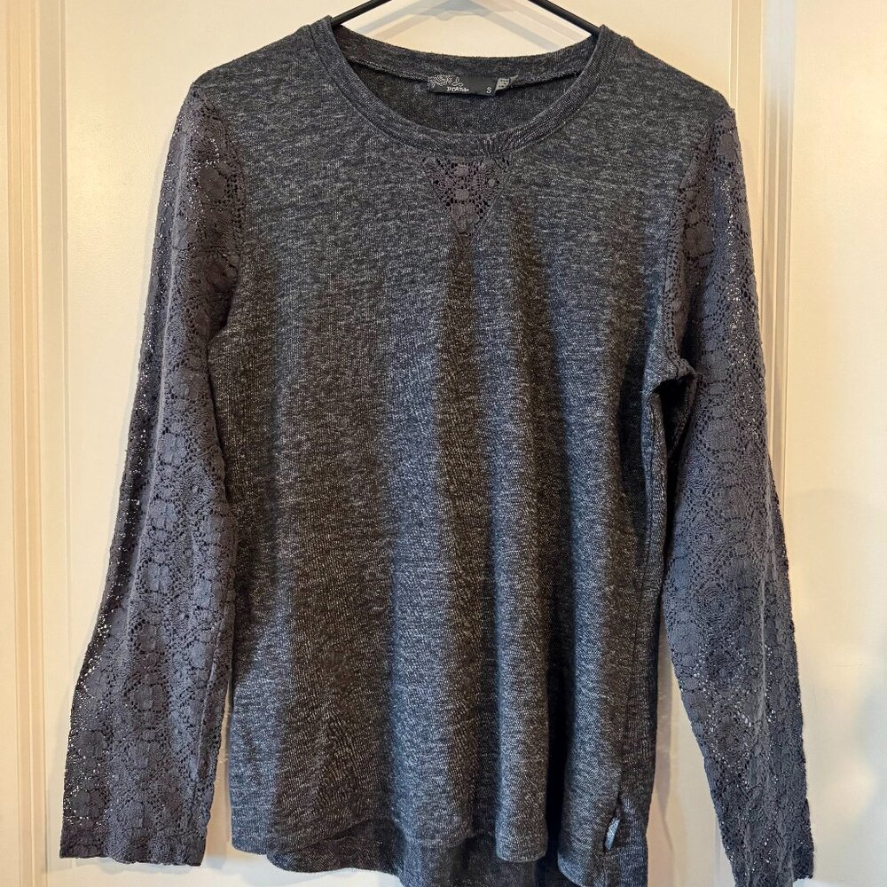 Prana Charcoal Whimsigoth Boho Knit Top with Lace Sleeves – Size Small